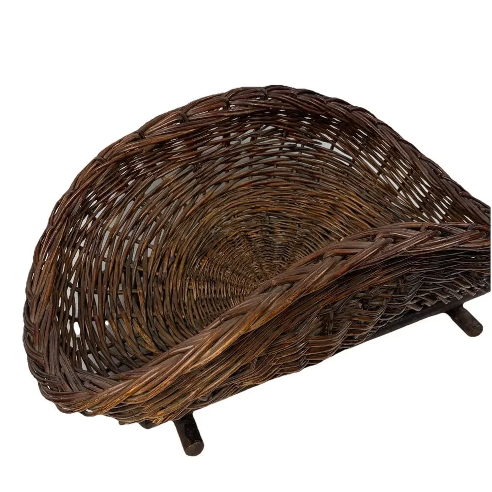 Large Rustic Wicker Harvest Basket Wood Base Fire Log Holder Blanket Storage